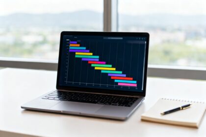 Ordinateur portable affichant un diagramme de Gantt coloré pour la planification d'un projet.