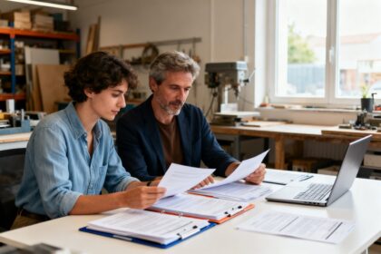 Dirigeant de petite entreprise et salarié examinant des documents de marché public sur un bureau d'atelier.