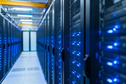 Allées de serveurs informatiques éclairées de bleu dans un centre de données moderne