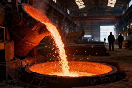 Coulée d'acier en fusion dans le hall d'une aciérie, gerbes d'étincelles orangées