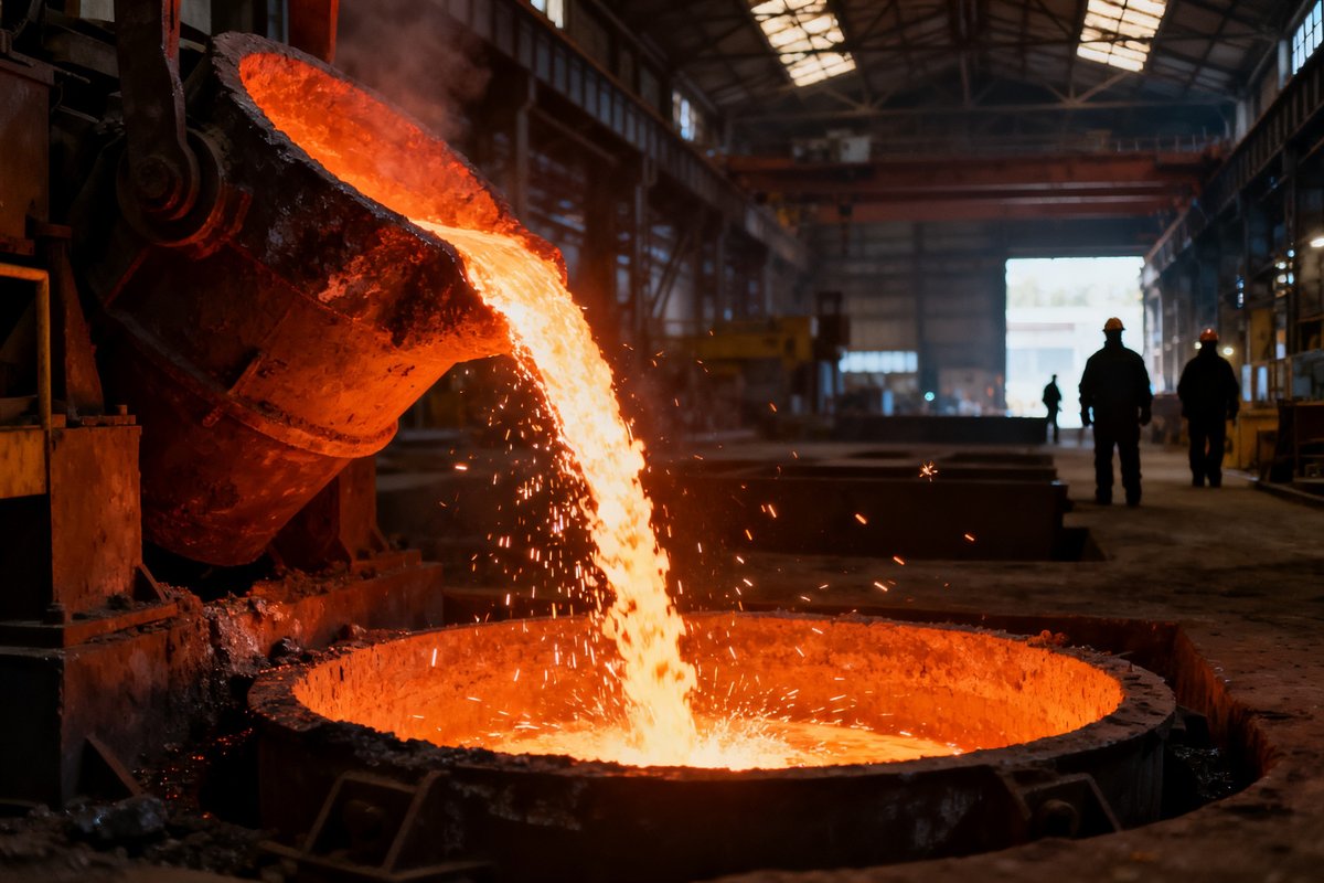 Coulée d'acier en fusion dans le hall d'une aciérie, gerbes d'étincelles orangées