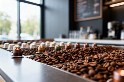 Capsules de café et grains torréfiés sur le comptoir d'une boutique