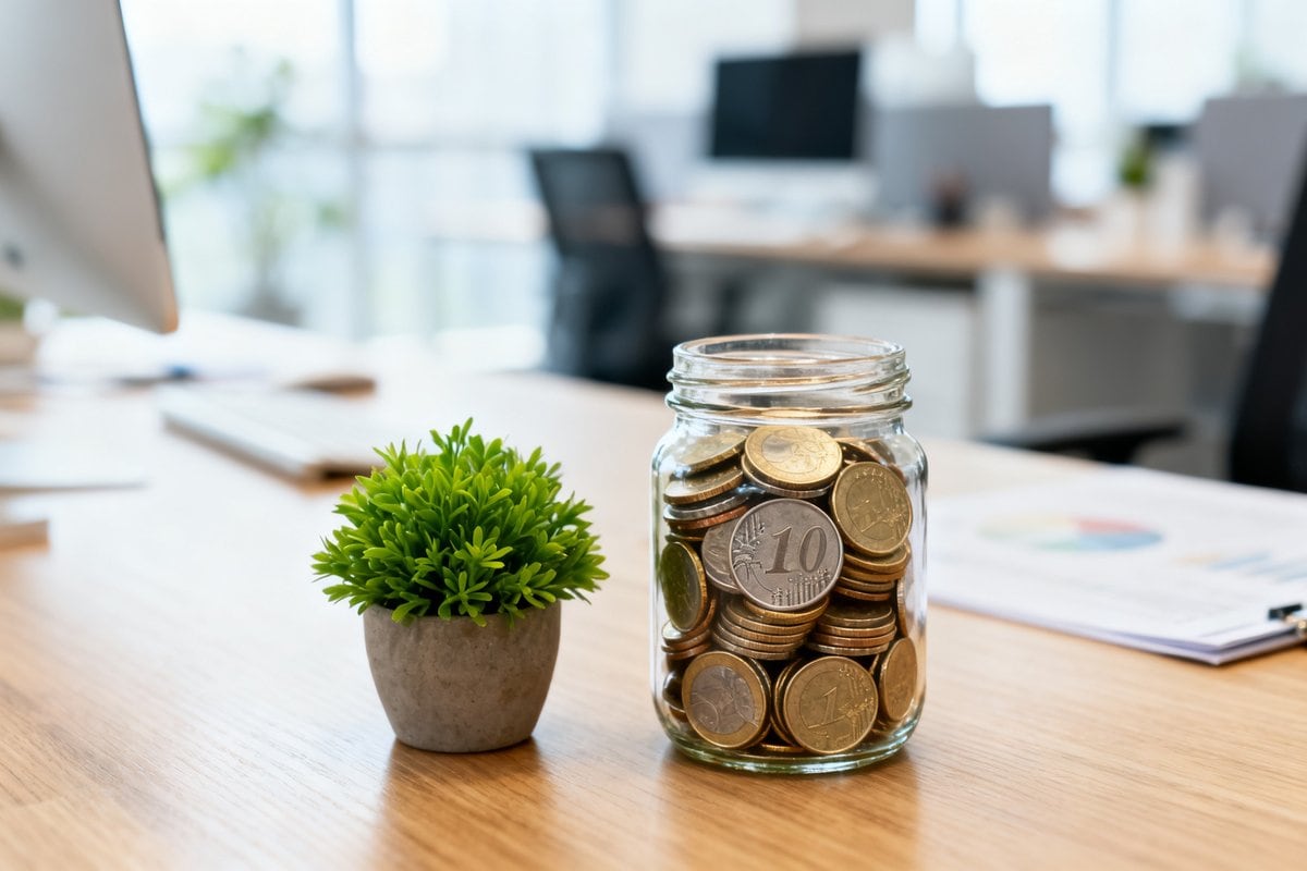 Bocal en verre rempli de pièces en euros posé sur un bureau dans un bureau lumineux