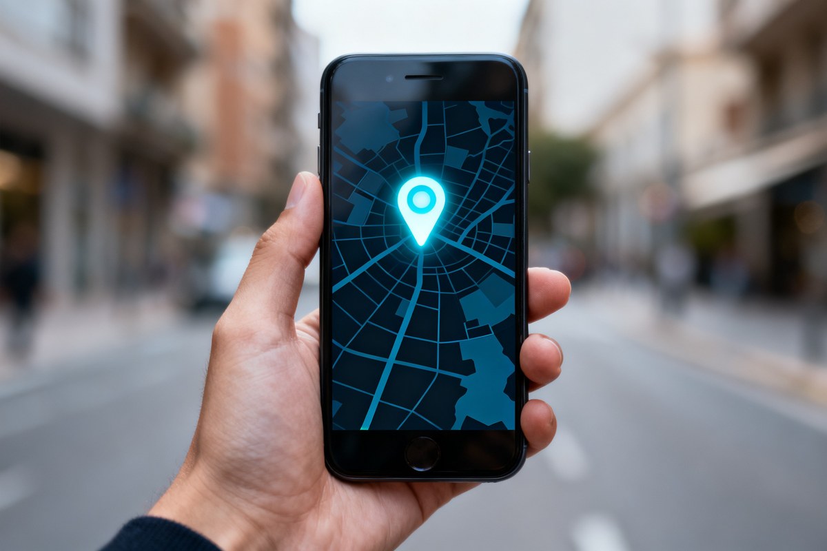 Main tenant un smartphone affichant une carte avec un point de localisation lumineux dans une rue.