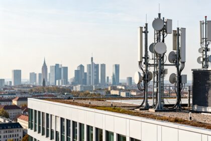 Antennes de télécommunications et équipements mobiles installés sur le toit d'un immeuble de bureaux en ville.