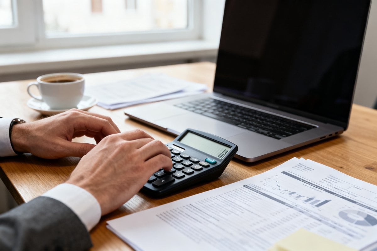 Calculatrice, ordinateur portable et documents comptables sur le bureau d'une petite entreprise