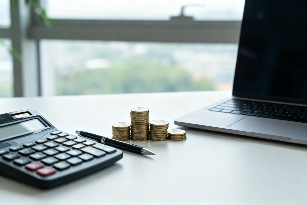 Calculatrice, stylo et pièces en euros posés sur un bureau près d un ordinateur portable.