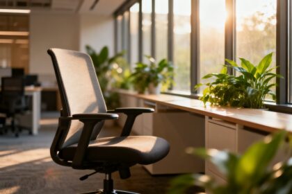Bureau moderne et lumineux avec une chaise ergonomique pres d'une fenetre et des plantes vertes