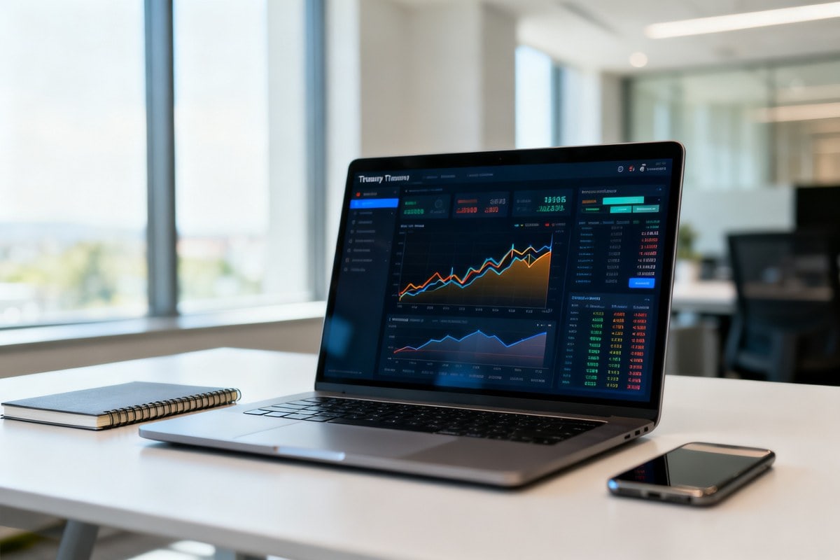Ordinateur portable affichant des tableaux de bord financiers sur un bureau d'entreprise