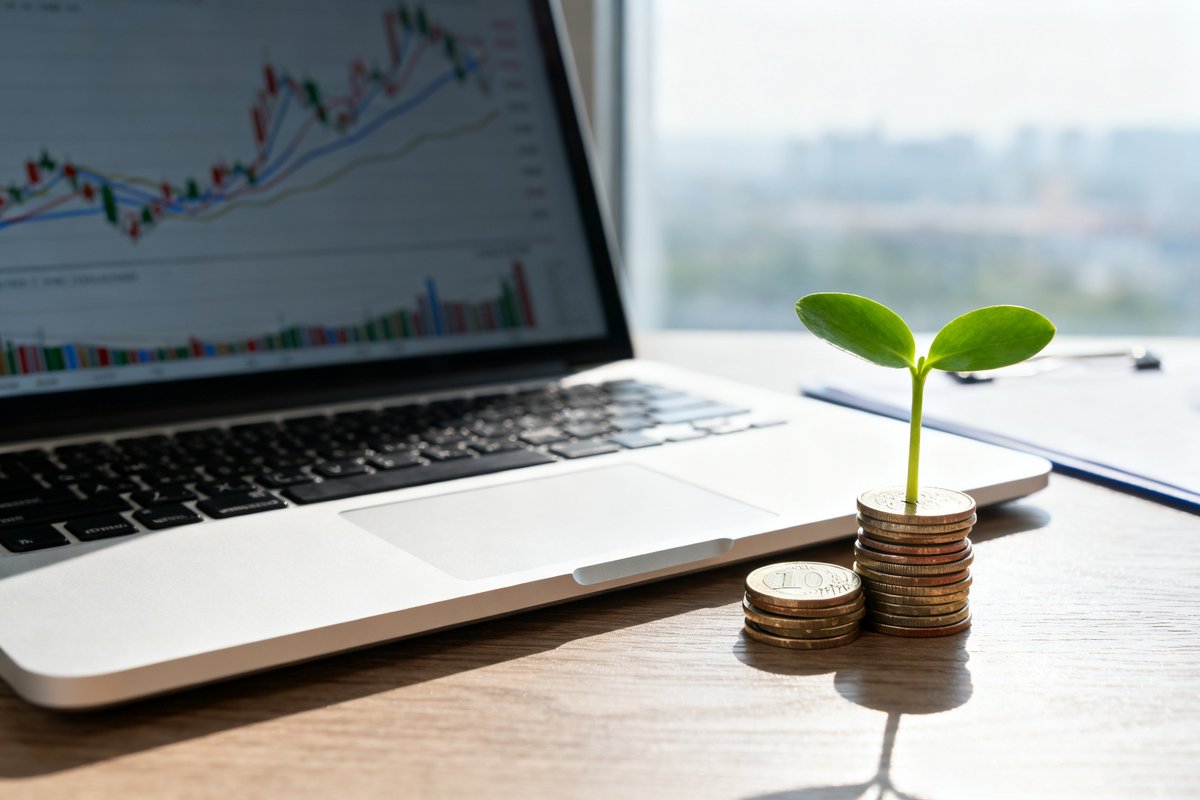 Pièces de monnaie empilées et jeune plante verte sur un bureau, ordinateur portable en arrière-plan.