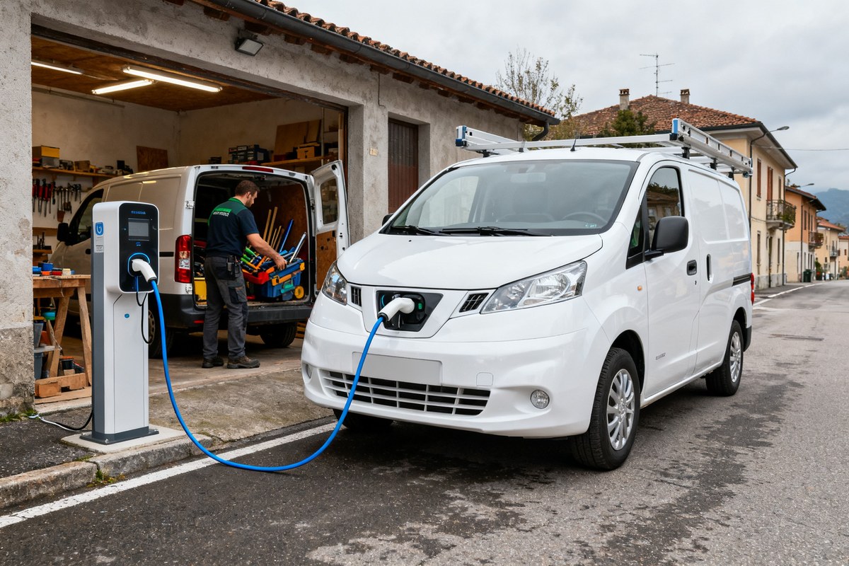 Camionnette utilitaire électrique blanche branchée à une borne de recharge devant un atelier d'artisan.