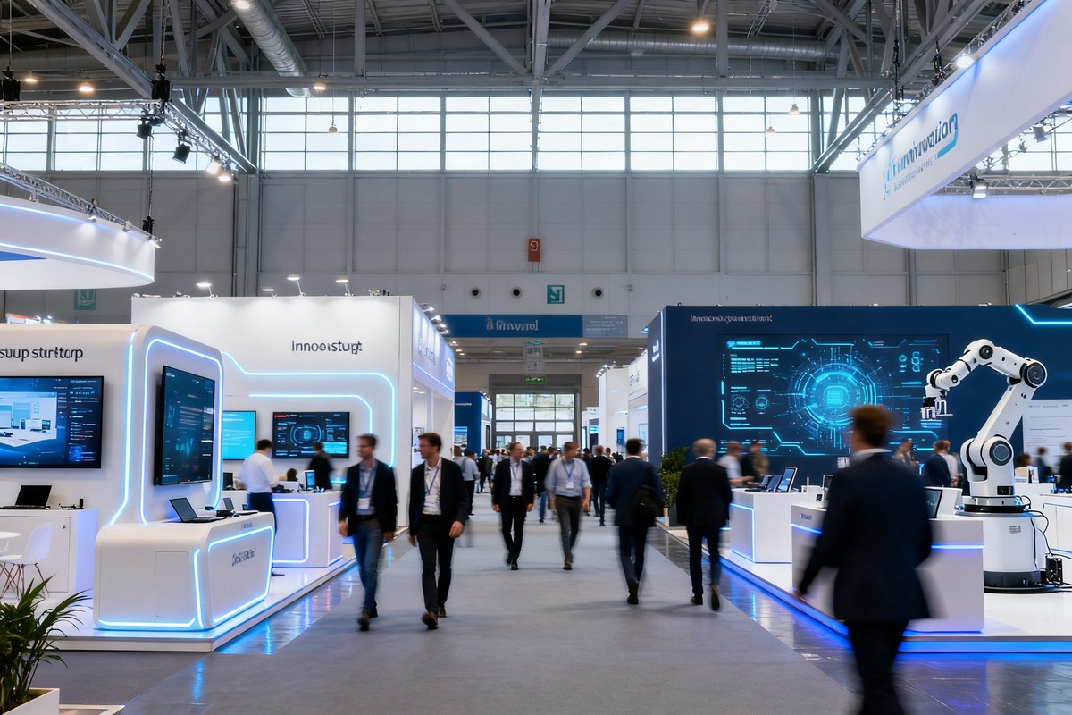Hall d'un salon technologique avec stands de startups et écrans, professionnels circulant entre les allées.