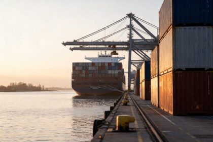 Porte-conteneurs en cours de chargement dans un port de commerce européen à l'aube