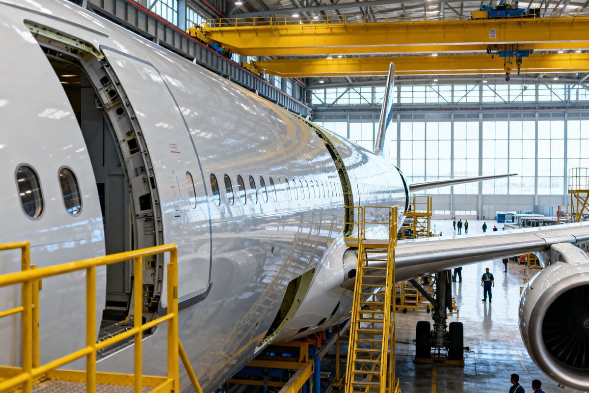 Sections de fuselage d'un avion long-courrier sur une ligne d'assemblage final