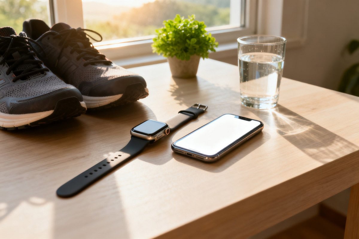 Montre connectée et smartphone sur une table en bois, près de chaussures de running et d'un verre d'eau, au petit matin