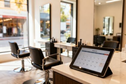 Tablette affichant un agenda mensuel sur le comptoir d'un salon de coiffure aux fauteuils vides