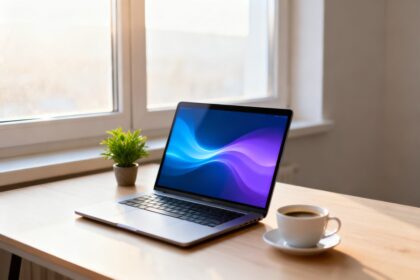 Ordinateur portable ouvert sur un bureau en bois clair devant une fenêtre lumineuse, à côté d'un café