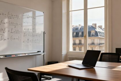 Bureau lumineux d'une start-up d'intelligence artificielle à Paris, tableau blanc couvert d'équations manuscrites