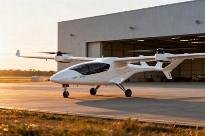 Aéronef électrique à décollage vertical blanc, rotors intégrés dans les ailes, stationné sur un tarmac devant un hangar au coucher du soleil