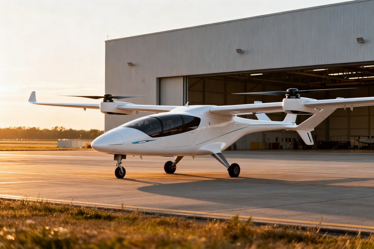 Aéronef électrique à décollage vertical blanc, rotors intégrés dans les ailes, stationné sur un tarmac devant un hangar au coucher du soleil
