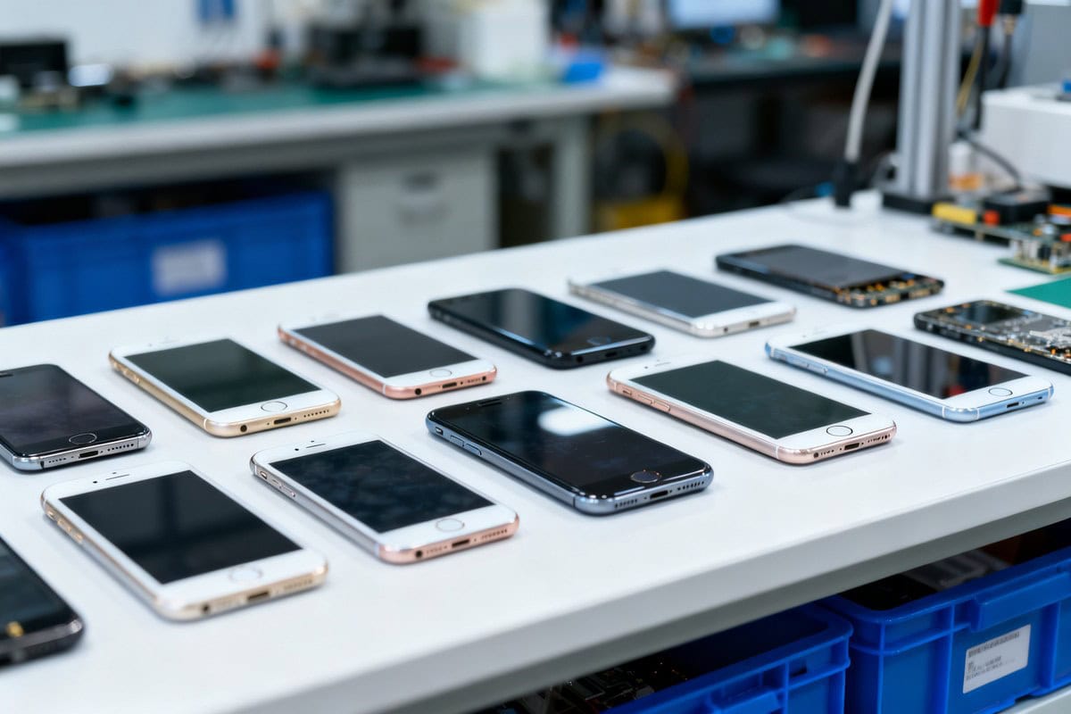Smartphones reconditionnés alignés sur un établi d'atelier de réparation