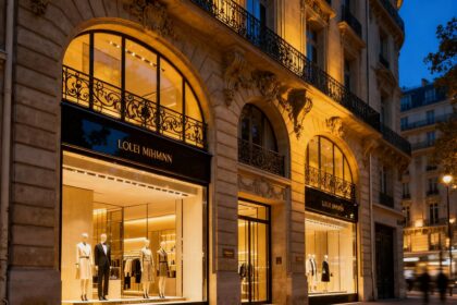 Devanture d'une boutique de luxe sur une avenue haussmannienne à la tombée du jour