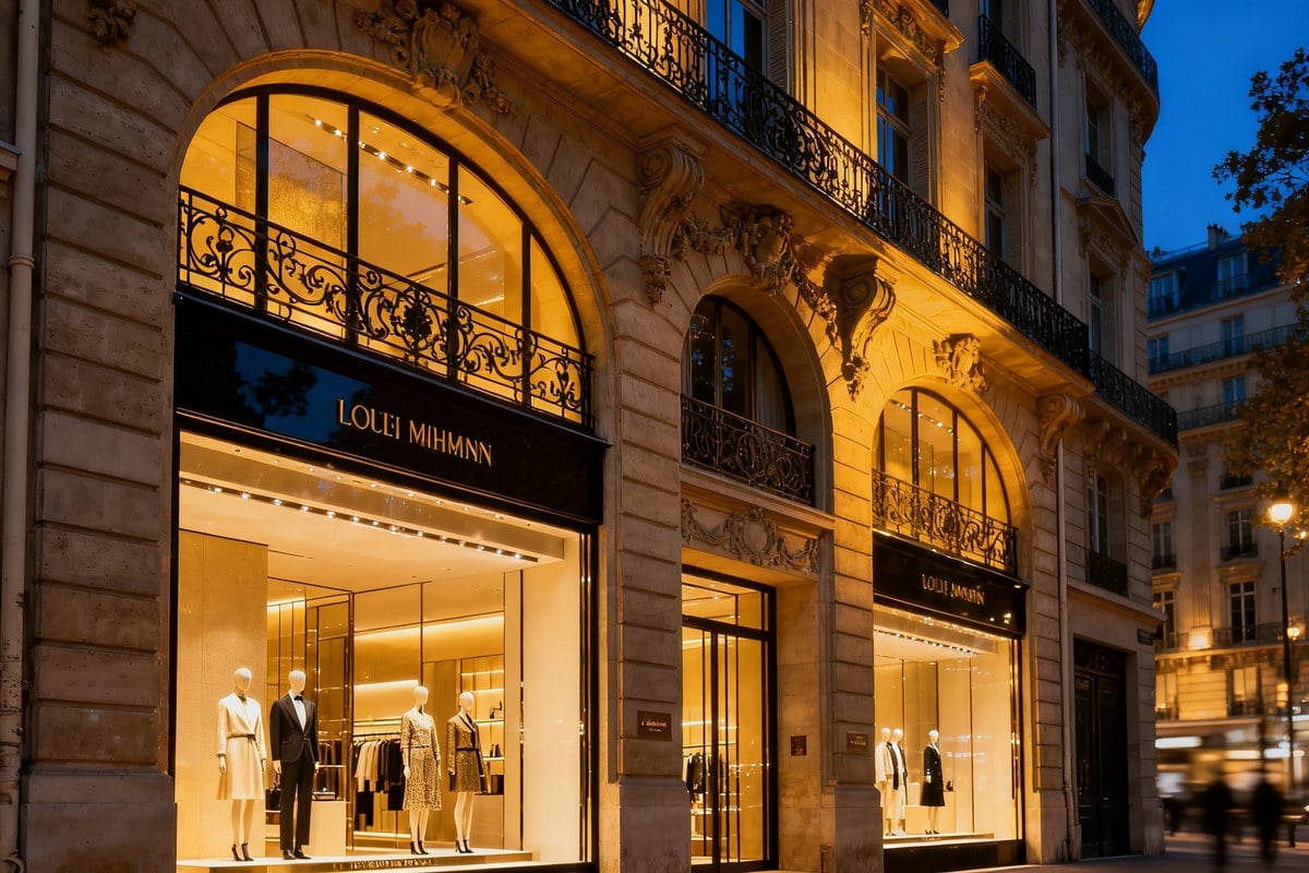 Devanture d'une boutique de luxe sur une avenue haussmannienne à la tombée du jour