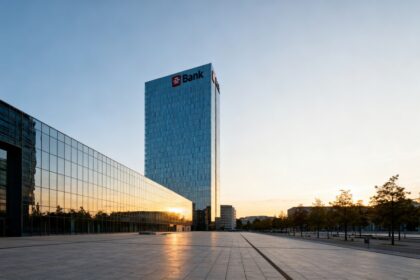 Tour de verre du siège d'une grande banque européenne à l'aube dans un quartier d'affaires
