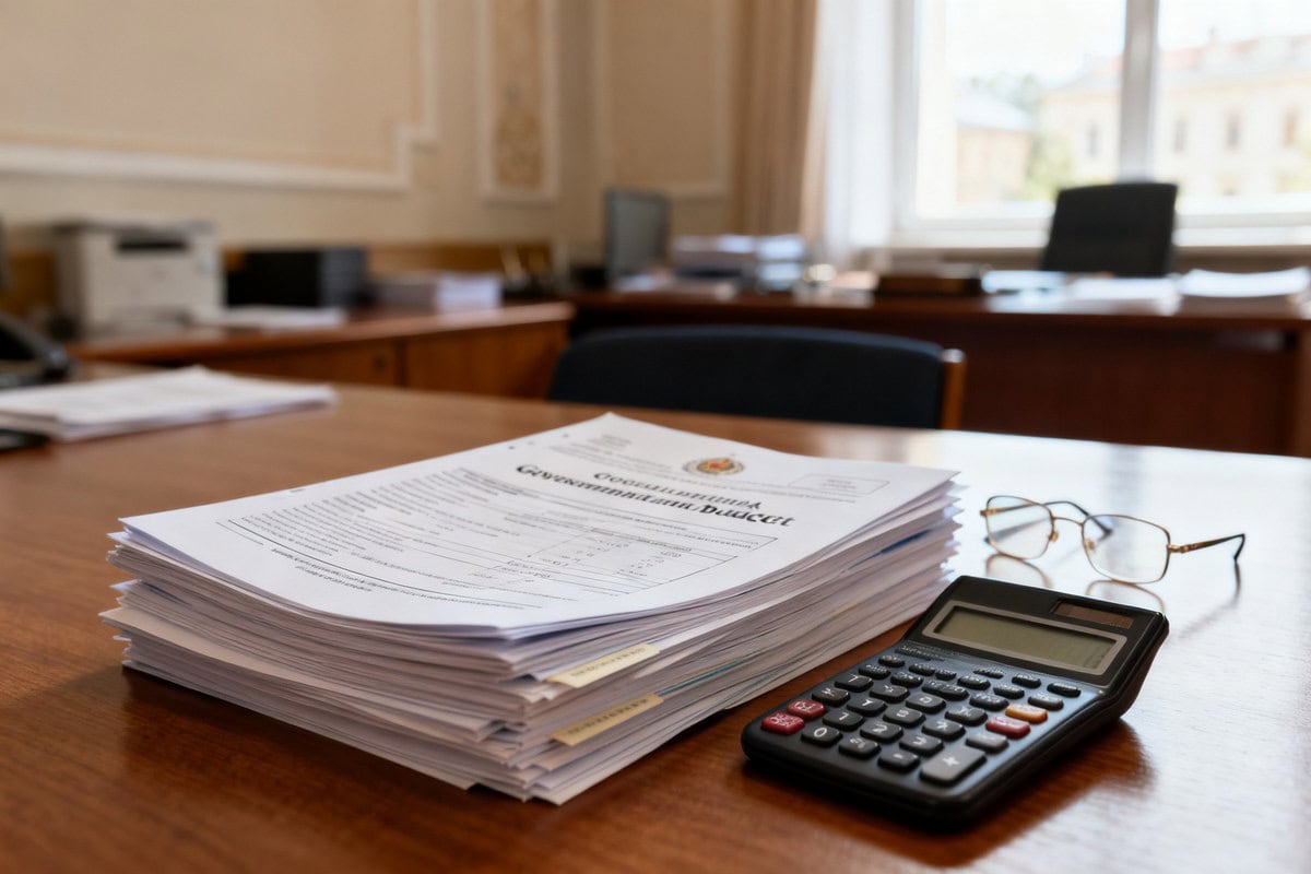 Documents budgétaires, calculatrice et lunettes posés sur un bureau dans un bureau administratif