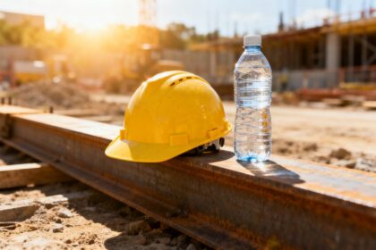 Casque de chantier jaune et bouteille d'eau posés sur une poutre métallique en plein soleil