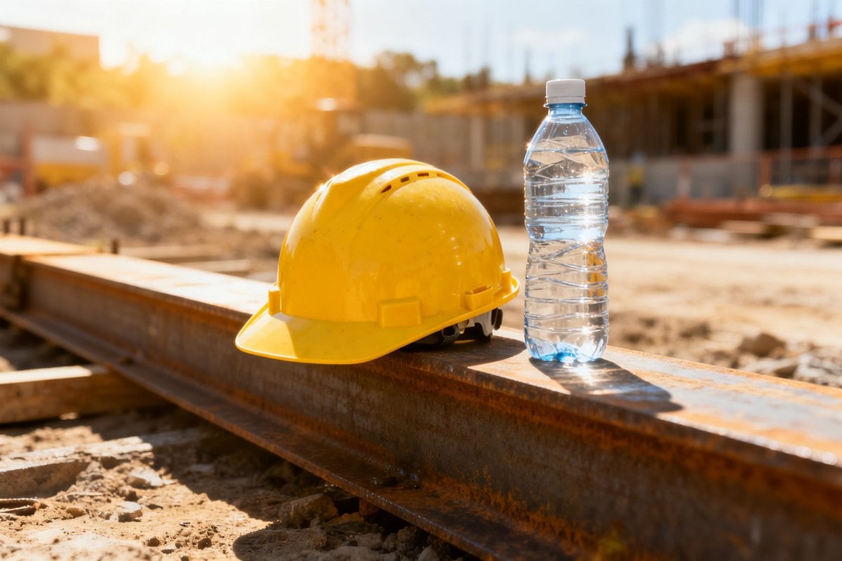 Casque de chantier jaune et bouteille d'eau posés sur une poutre métallique en plein soleil