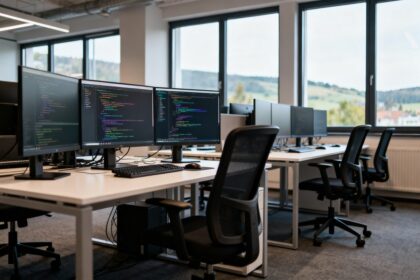 Postes de travail et écrans de développeurs dans un bureau ouvert baigné de lumière du jour