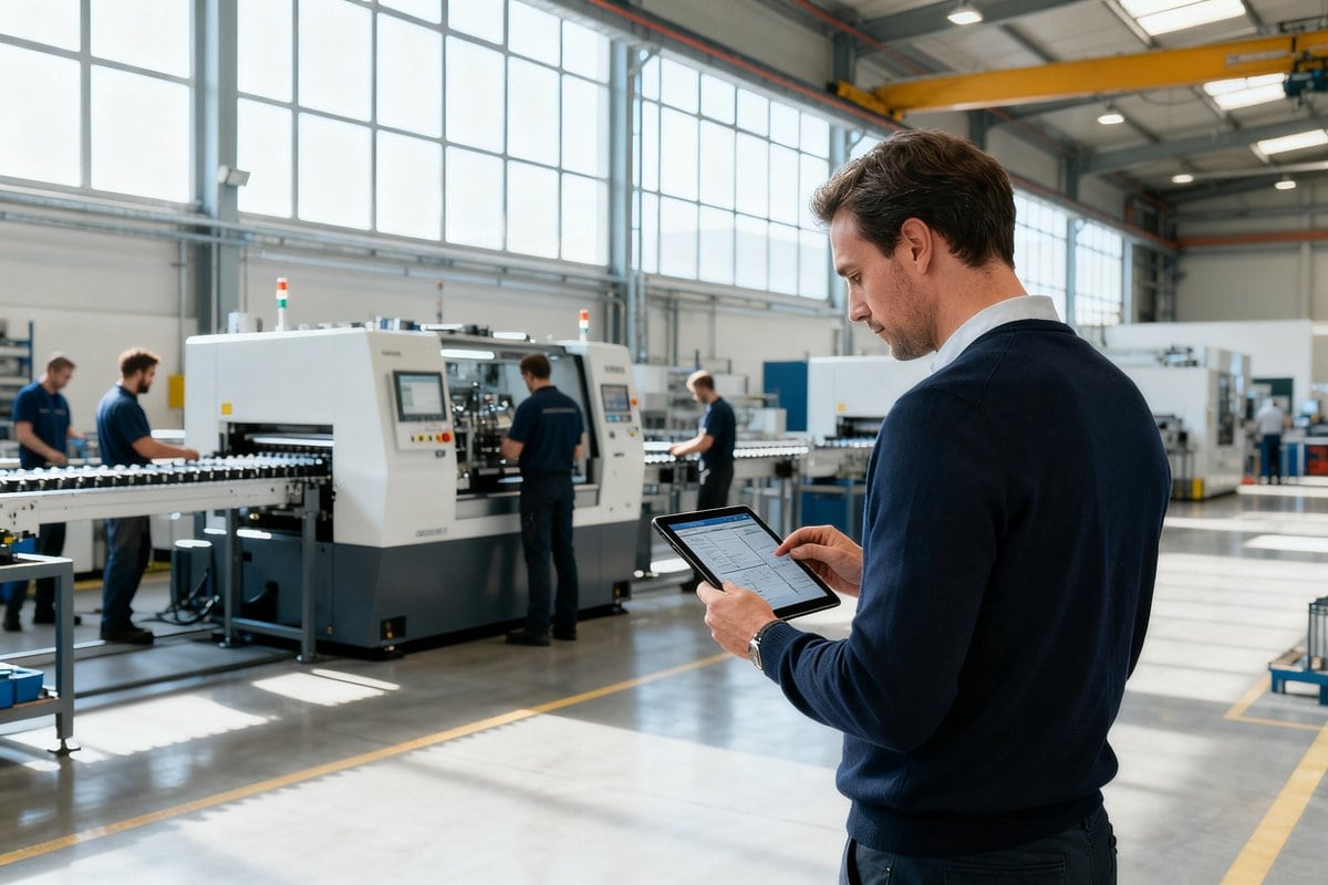 Un responsable consulte une tablette dans une usine moderne, des ouvriers au travail près des machines en arrière-plan