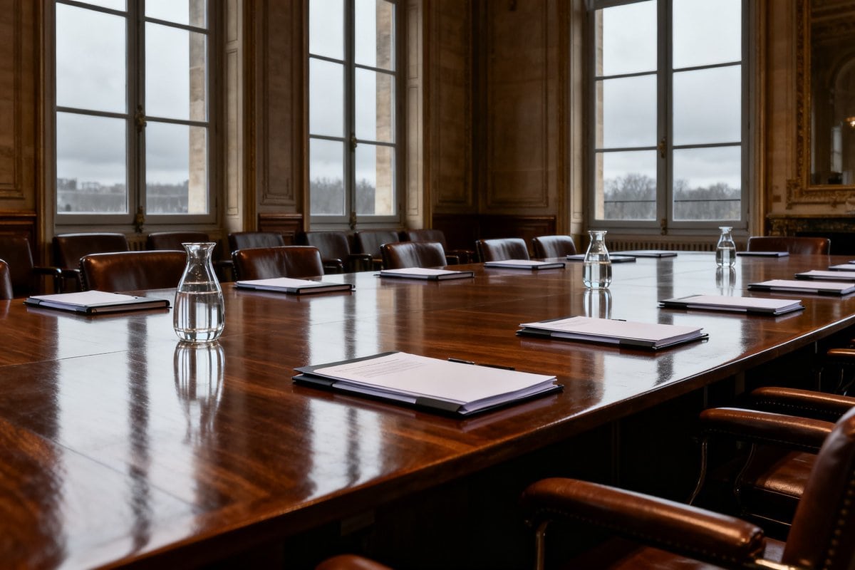 Salle de réunion ministérielle vide, longue table en bois et dossiers fermés