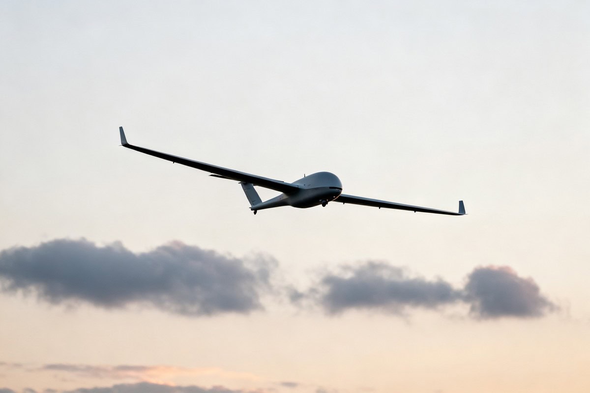 Un drone de surveillance à voilure fixe en vol dans un ciel nuageux au crépuscule