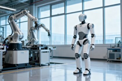 Robot humanoïde blanc debout dans une usine moderne à côté de bras robotisés industriels