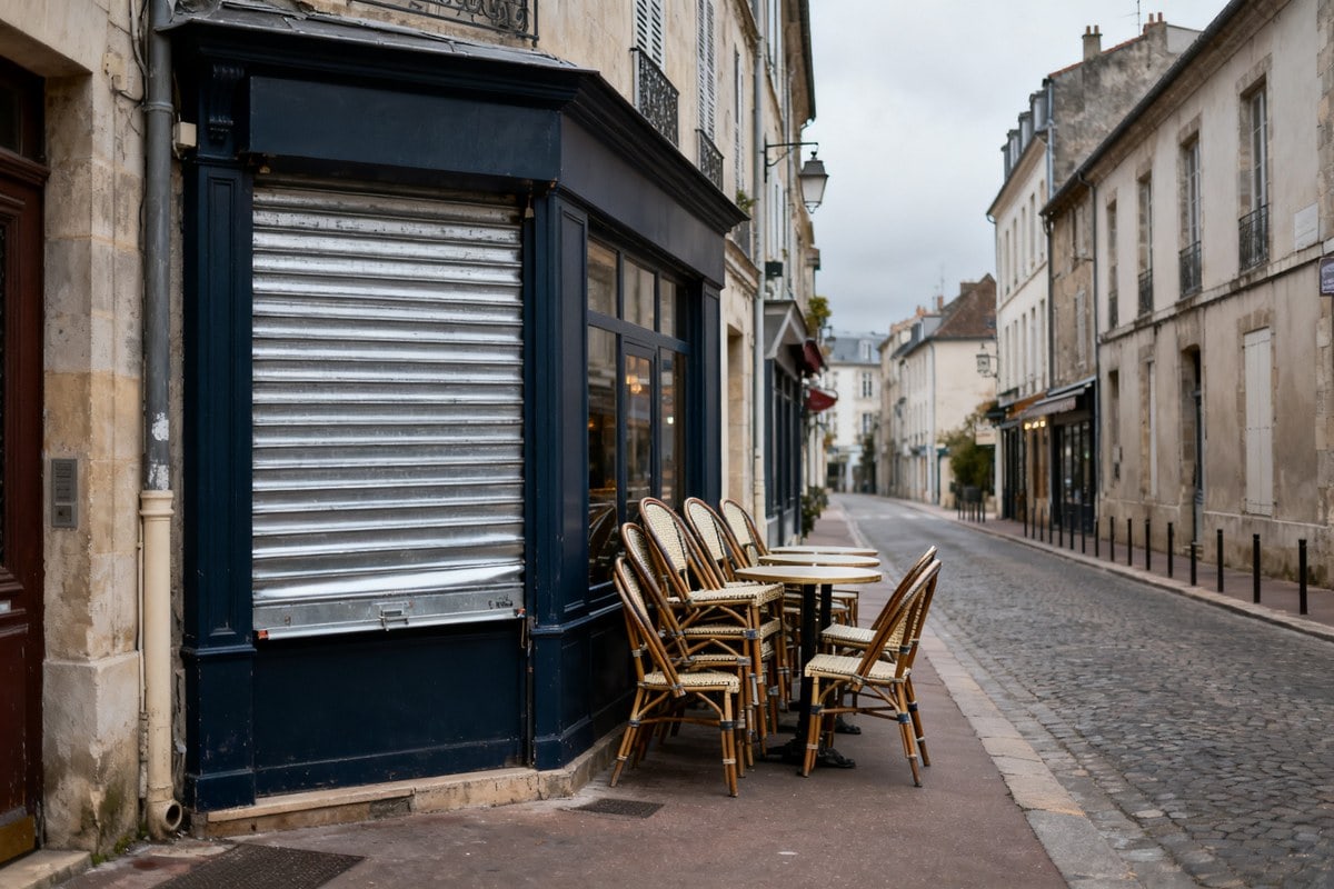 Devanture de commerce fermée par un rideau métallique et chaises de bistrot empilées sur une rue pavée déserte