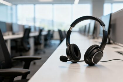 Casque téléphonique de centre d'appels posé sur un bureau blanc devant des postes de travail vides