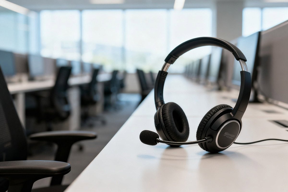 Casque téléphonique de centre d'appels posé sur un bureau blanc devant des postes de travail vides