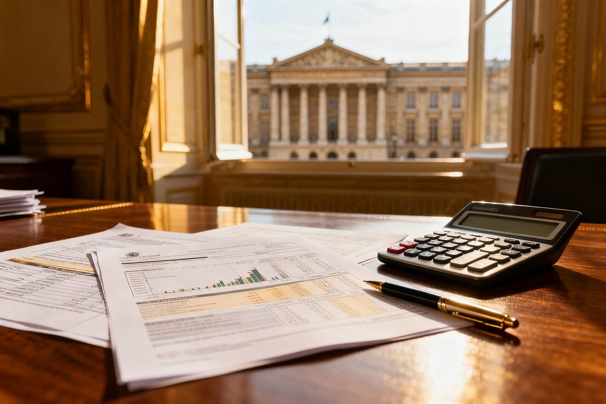 Documents financiers et calculatrice sur un bureau, bâtiment officiel en arrière-plan