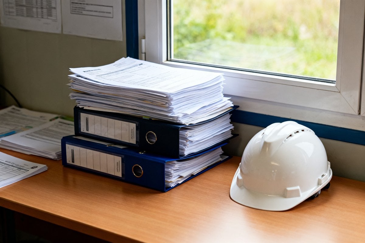 Dossiers administratifs et casque de chantier posés sur un bureau d'entreprise, éclairés par la lumière d'une fenêtre