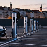 Bornes de recharge rapide pour véhicules électriques sur un parking urbain à la tombée du jour