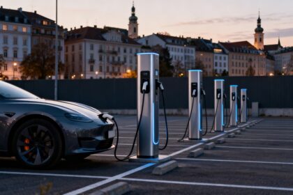 Bornes de recharge rapide pour véhicules électriques sur un parking urbain à la tombée du jour