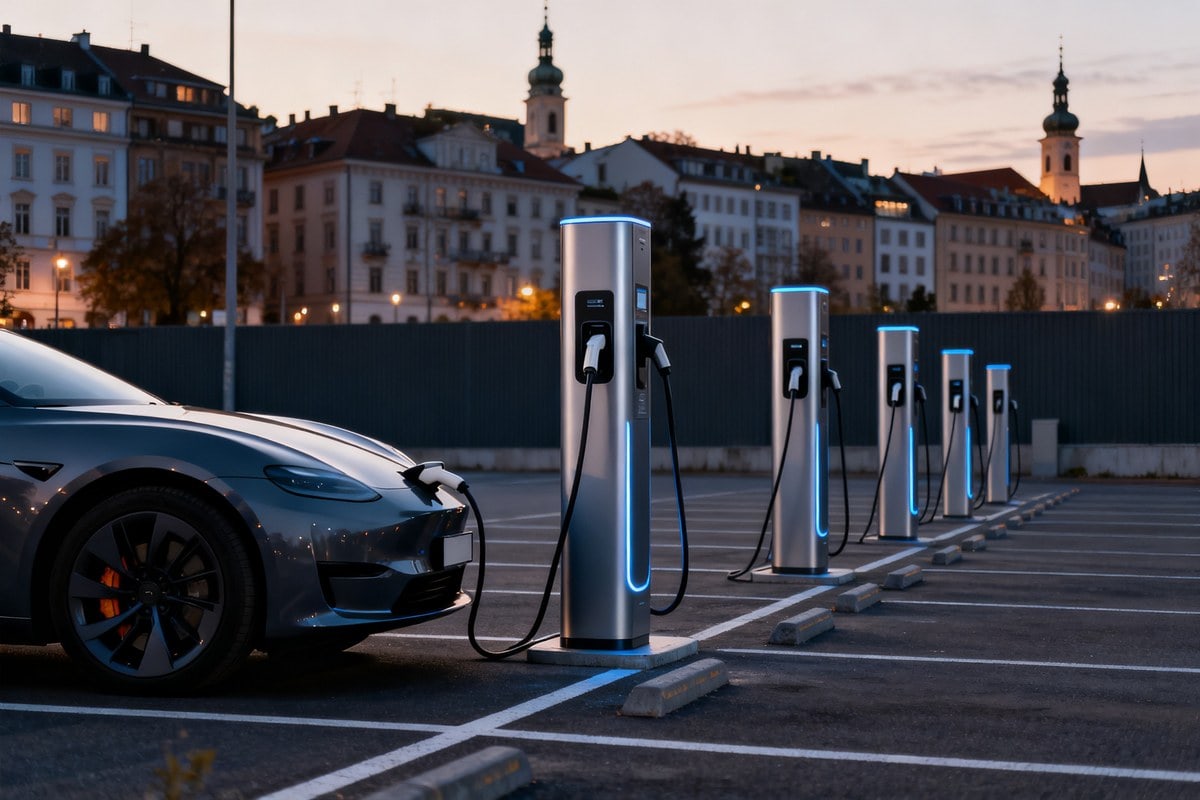 Bornes de recharge rapide pour véhicules électriques sur un parking urbain à la tombée du jour
