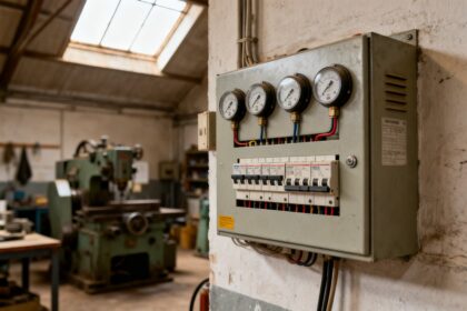 Armoire électrique murale à disjoncteurs et manomètres dans un atelier, machine-outil en arrière-plan