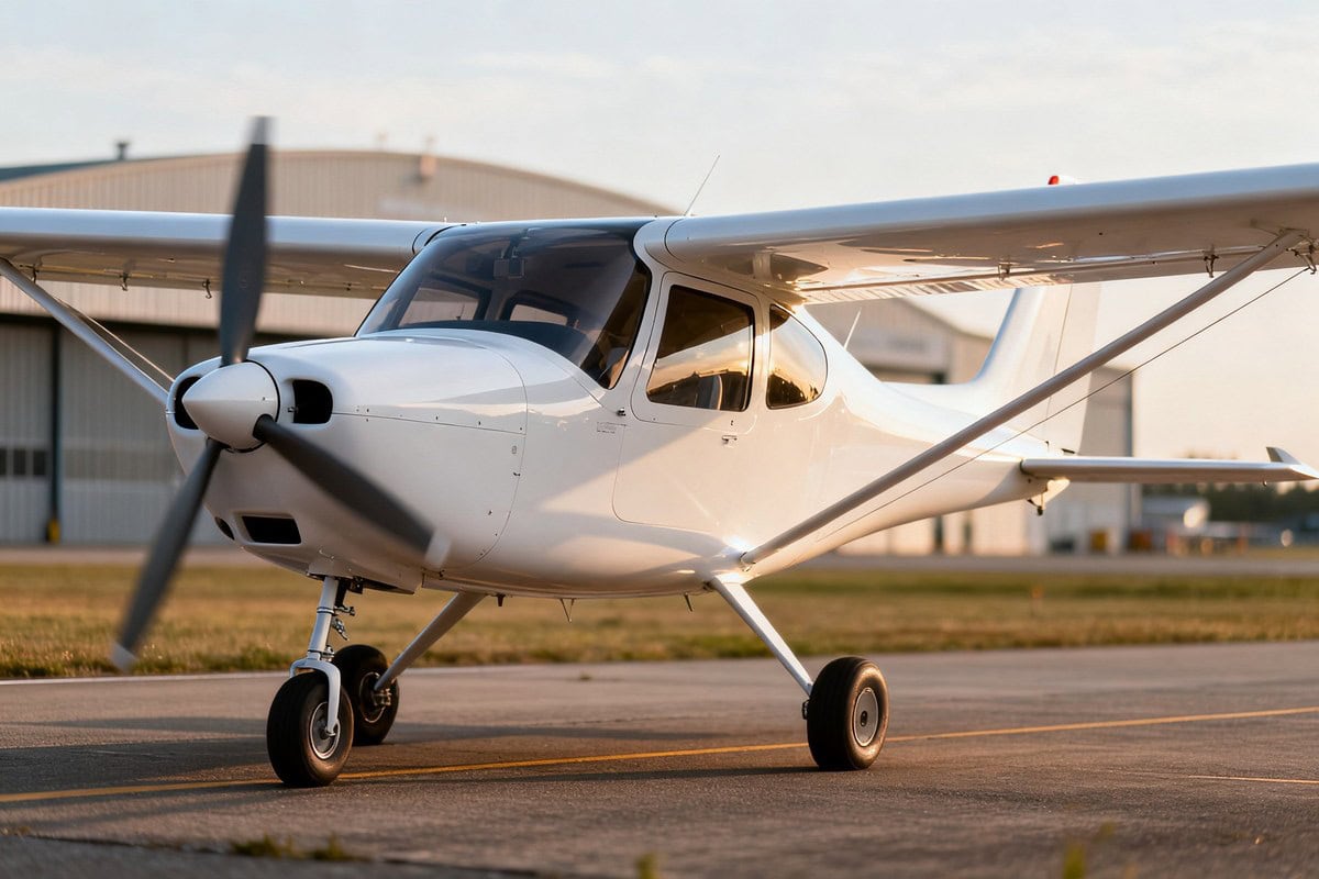 Avion léger monomoteur blanc à hélice stationné sur le tarmac d'un aéroport, hangars à l'arrière-plan