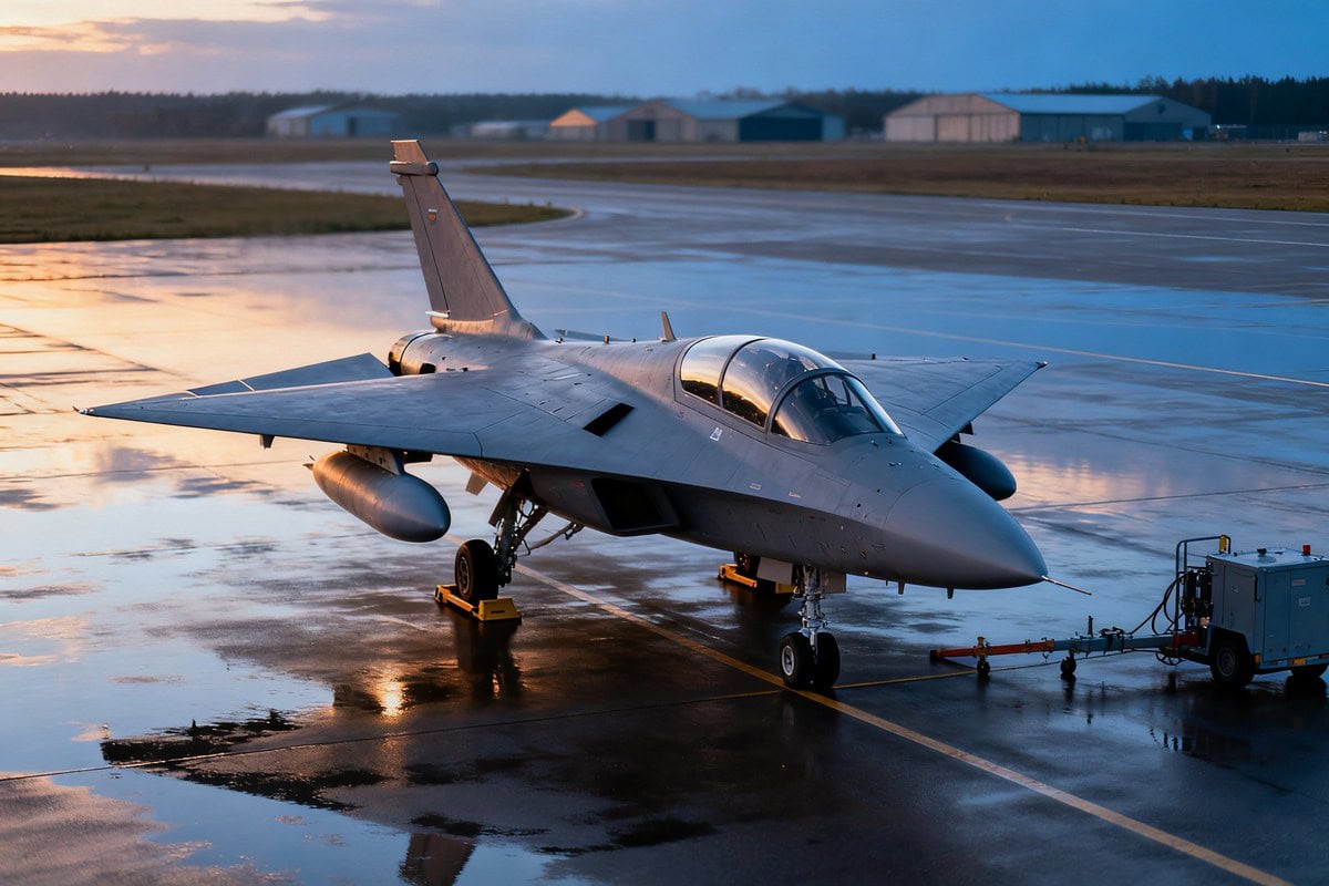 Avion de chasse gris à ailes delta stationné sur un tarmac mouillé au crépuscule devant des hangars