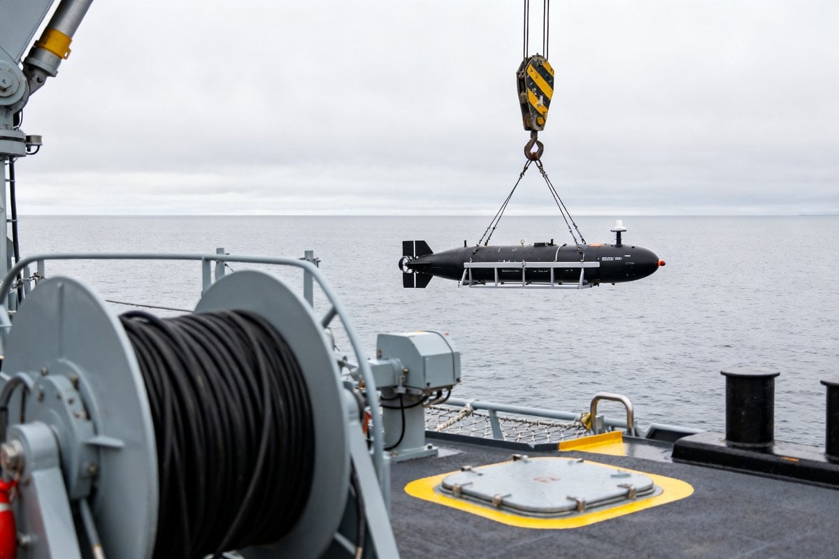 Drone sous-marin autonome descendu à la mer depuis le pont d'un navire par temps couvert