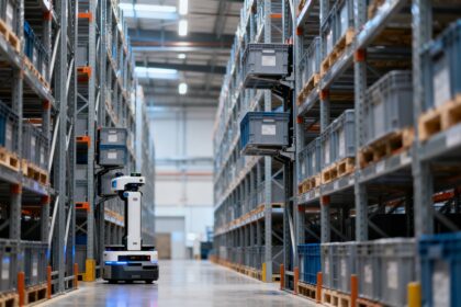 Robots autonomes grimpant le long de rayonnages métalliques dans l'allée d'un entrepôt logistique
