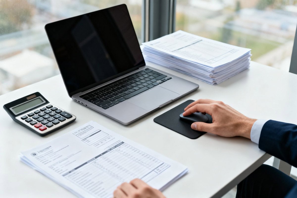 Professionnel en costume utilisant une souris devant un ordinateur portable, une calculatrice et des piles de factures papier.